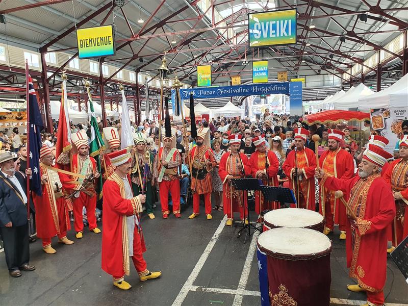 A traditional-style military marching band in colourful costumes.