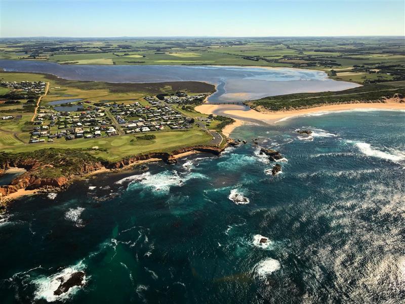 Overhead picture taken from helicopter of Peterborough river mouth flowing to the sea