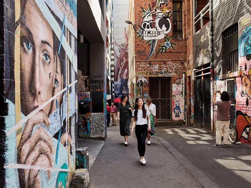 Duckboard Place, Melbourne, Victoria. Artwork: Middle: Steen Jones/Right: Lukas Kaspar