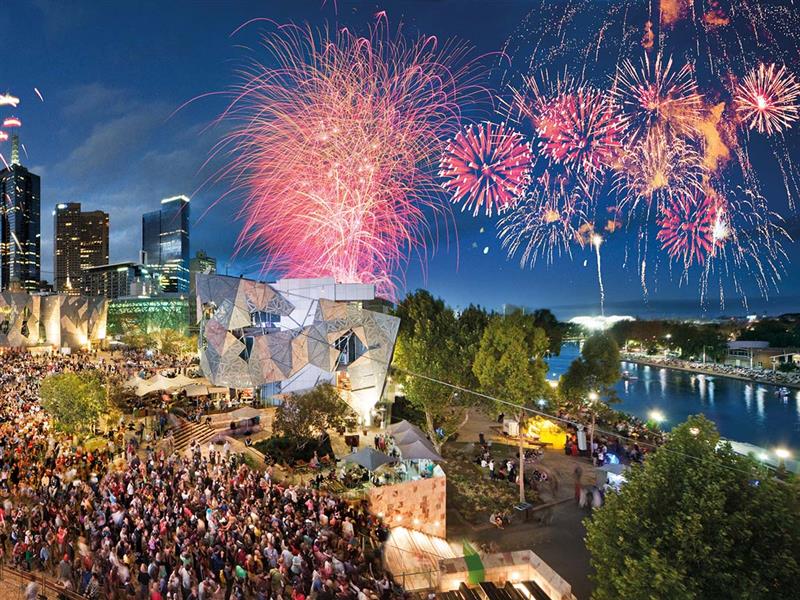 Fireworks at Federation Square, Melbourne, Victoria, Australia. Photo: John Gollings